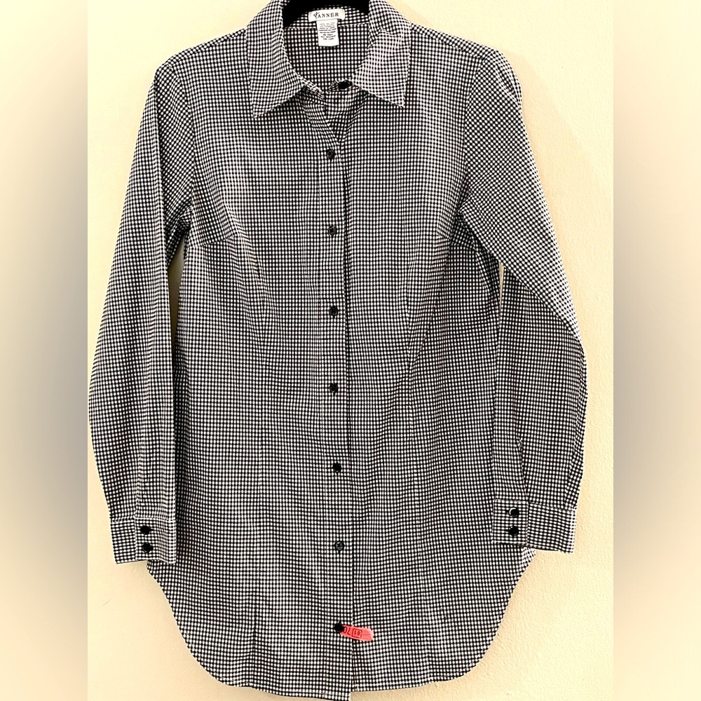 Tanner Women's Collared Black & White Gingham Micro Check Three Qtr Sleeve Sz 4
